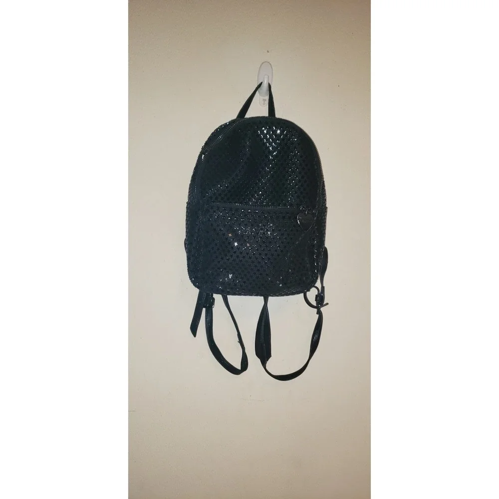 Betsey Johnson Black Star Embossed Mini Backpack Heart Charm Logo Bag